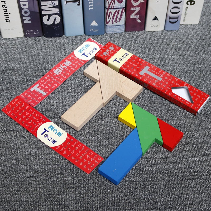 T-Shaped Puzzle Educational Toy Tangram Intellectual Puzzle Beech Wood Block Primary School Kidsren'S Puzzle T-Shaped Wooden Brain Brake - Image 4